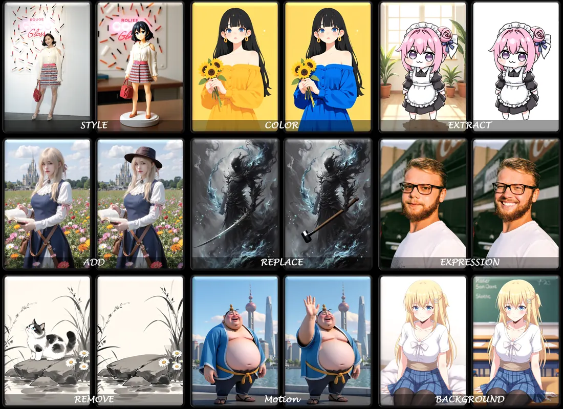 AI photo editing before and after: style, color, extract, add, replace, expression, remove, motion and background