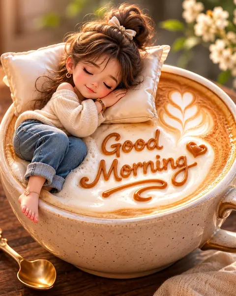 AI image example: 3D miniature girl asleep on a latte with "Good Morning" written in the foam